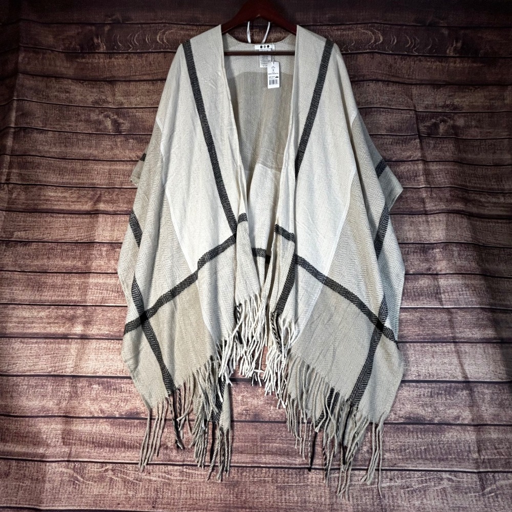 Three Dots Miranda Plaid Neutral Cashmere Blend Fringe Poncho Wrap Cozy NWT OS